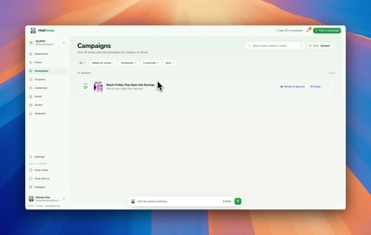 MailPanda’s campaigns page showing a campaign ready for review and approval