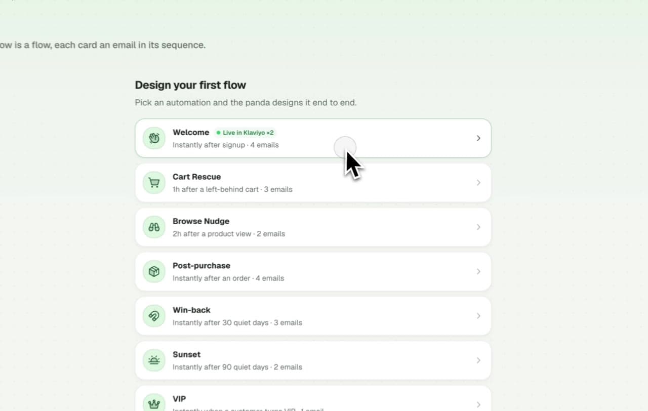 MailPanda’s flow library, listing Welcome, Cart Rescue, Browse Nudge, Post-purchase, Win-back, Sunset, and VIP