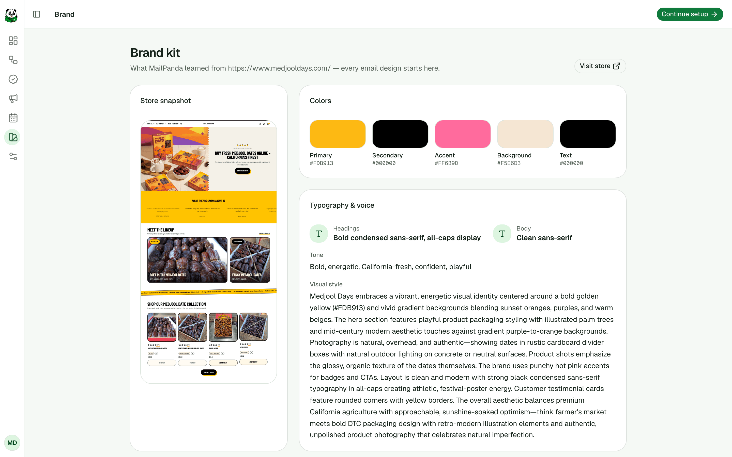 MailPanda’s brand kit for Medjool Days, showing the store website, brand colors, typography, and voice