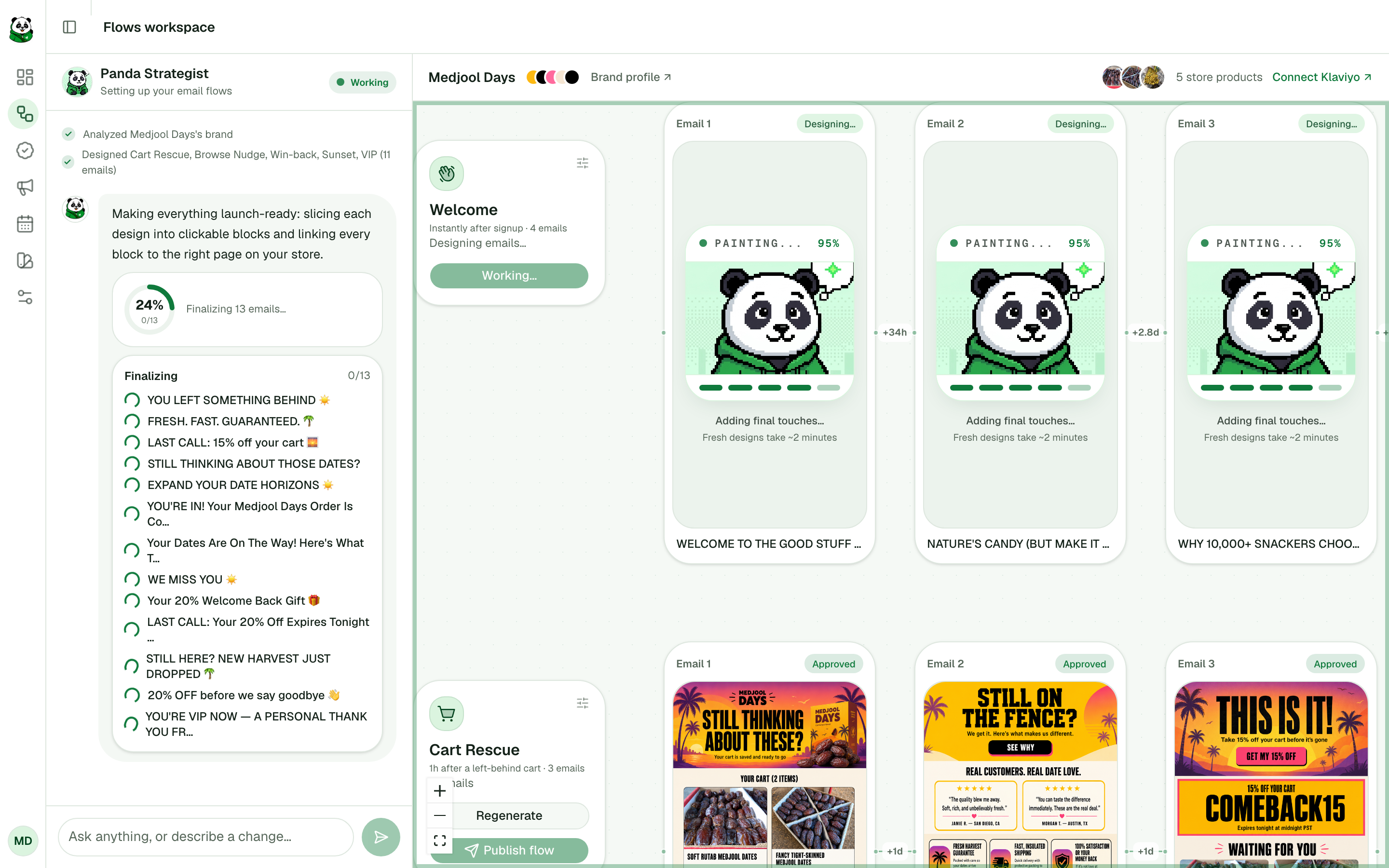 The flows workspace with launch-ready emails